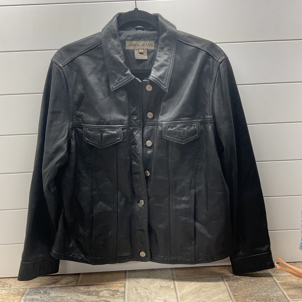 Jones Jeans Black Leather Trucker Jacket Womens Large Button Front Collared L